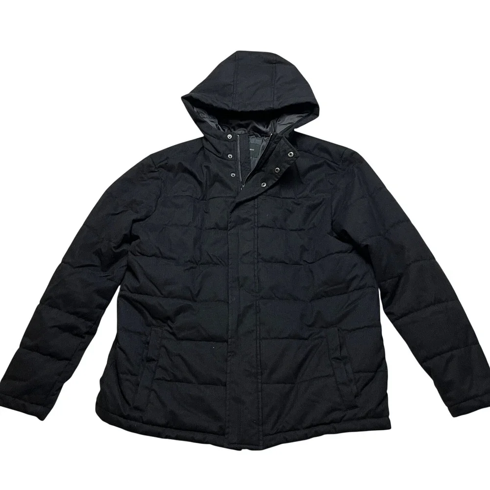 Banana‎ Republic Puffer Jacket Mens Large Black Heather Colorblock Puffer Hooded